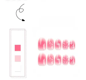 Detailed set of pink gradient press-on nails with 3D bows and starburst heart accents