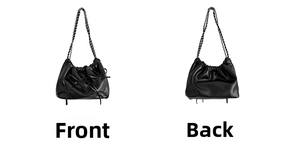 Front and back detail of a black ruched shoulder bag with leather butterfly bows