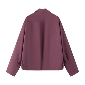 Rear view of minimalist deep purple long sleeve jacket on a clean white background