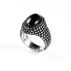 Vintage stainless steel ring for men featuring a black oval gemstone and beaded texture
