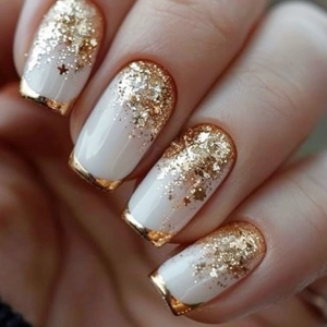 Französischer Stil Aufpressnägel Milchweiß Mit Goldglitzer-Verlauf Stern-Design Luxus Künstliche Nägel Für Frauen