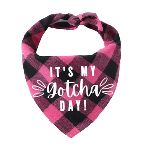 Pink buffalo plaid cotton pet bandana with 'IT'S MY Gotcha DAY!' text for dogs