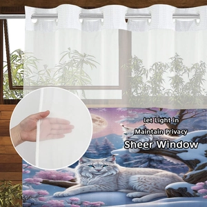 Sheer white window curtain featuring artistic snow cat print and silver metal grommets