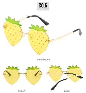 Strawberry shaped rimless sunglasses with metal temples shown in multiple angles