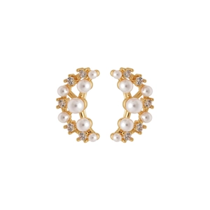 Elegant gold-plated crescent moon stud earrings with white pearls and sparkling zircons