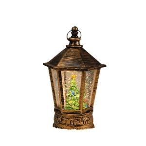 Vintage bronze Christmas lantern with LED tree and swirling glitter for holiday decor