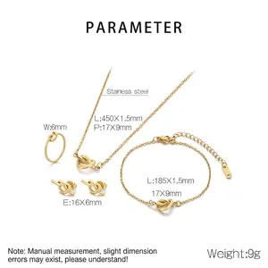 Detailed view of golden knot jewelry set with specific size measurements and dimensions