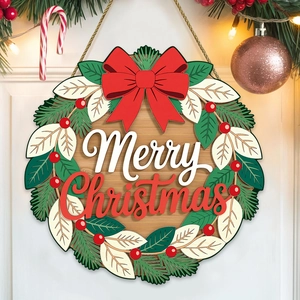 Targa Porta Buon Natale Corona In Legno Decorativa Fiocco Rosso Bacche Decorazione Casa