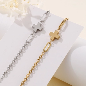Golden and silver stainless steel cross bracelets with mixed chain link design