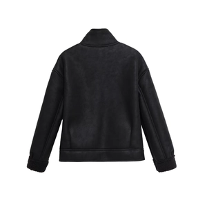 Black faux suede cropped jacket with faux fur trim and stand collar, back view on white background