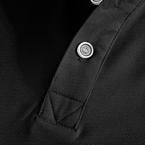 Close-up of black pique fabric texture and reinforced button placket on men's polo shirt