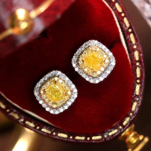 Elegant Cushion Cut Yellow Zirconia Double Halo Stud Earrings For Women Copper Base Wedding Party Fashion Jewelry Accessories