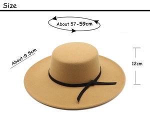 Flat top khaki wool fedora hat with size specifications and black ribbon detail