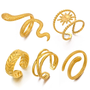 Retro stainless steel snake ring set with five unique adjustable golden fashion designs