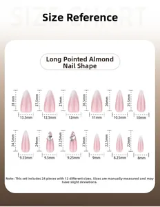 Detailed size chart for pink and white gradient long almond shaped press-on nails