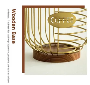 Close-up of a golden coffee pod basket featuring a stable wooden base and metal frame