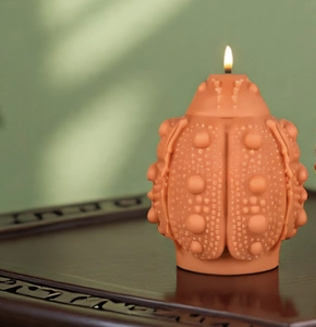 Close-up of a beetle-shaped candle in terracotta red with relief dots on a wooden base