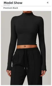 Front view of black slim-fit high-neck yoga top with long sleeves and cropped design