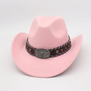 Pink wide brim cowboy hat with vintage silver bull head buckle and leather band decoration