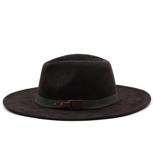 Detailed close-up of dark brown suede fedora with green ribbon and leather rivet buckle