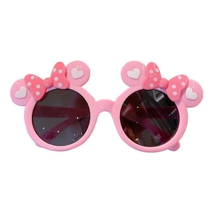 Pink cartoon bow sunglasses for girls with round ears and dark lenses on white background