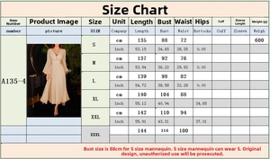 Detailed size chart for elegant V-neck evening dress showing measurements in cm and inches