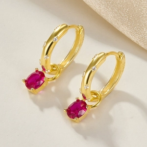 Elegant s925 silver gold-plated hoop earrings with red oval gemstone and white zircon