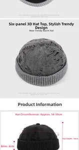 Detailed view of distressed knit miki hat showing 54-59cm circumference and 10cm depth