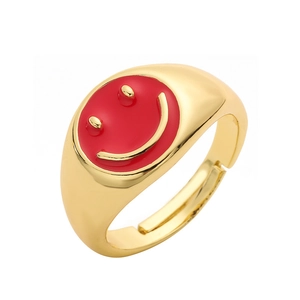 Punk style adjustable gold ring with micro-set zircon and red enamel smiley face