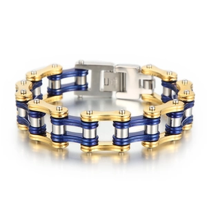 Three-tone motorcycle chain bracelet in gold, blue, and silver titanium steel for men