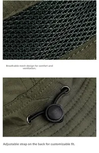 Detail of breathable mesh and adjustable drawstring on olive green sun hat