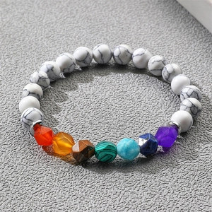 8mm white turquoise and multi-color 7 chakra beaded bracelet with silver metal spacers