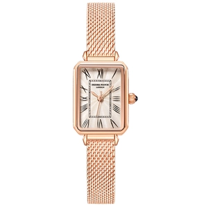 Women's Fashion Rectangular Rose Gold Quartz Watch With Roman Numerals Vintage Square Case Mesh Stainless Steel Leather Strap Waterproof Ladies Wristwatch