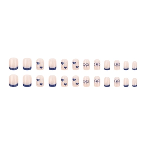 French blue bow and heart press-on toe nails set with 24 pieces of nude pink fake nails