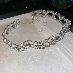 Detail of silver choker necklace with shimmering irregular crystal teardrops and stones