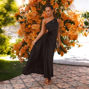 Elegant black one-shoulder pleated maxi dress with waist cutout detail and long flowing skirt
