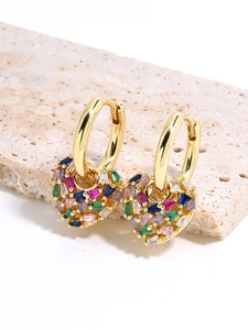 Gold hoop earrings with heart charms featuring colorful micro-pave cubic zirconia stones