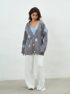 Lazy style grey knit cardigan with blue flower embroidery and single-breasted v-neck