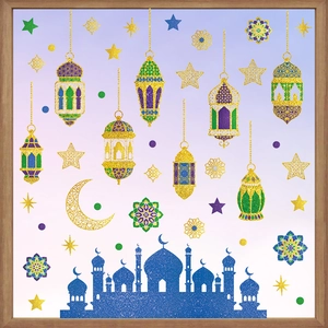 Ramadan Eid Wall Stickers PVC Self Adhesive Mosque Moon Star Lantern Glitter Decor For Living Room Window Festival