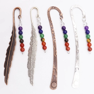 Natural crystal bead feather bookmark pendants in bronze and silver finishes