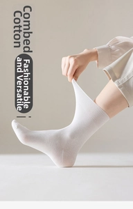 Close-up of white combed cotton mid-tube socks showing ribbed texture and stretch elastic