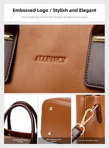 Detailed views of caramel brown handbag featuring gold-tone hardware and embossed logo