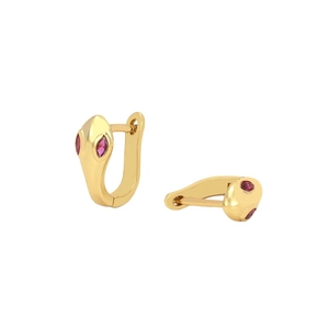 Golden snake hoop earrings with green eyes and red gemstones in a minimalist street style