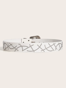 Close-up of a white punk leather belt featuring silver studs DXD pattern and metal buckle