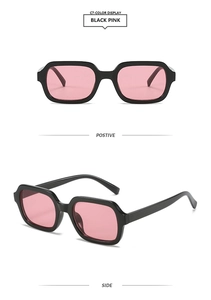 Detail view of square black frame sunglasses with light pink lenses from multiple angles
