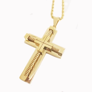 Detailed macro view of gold cross pendant with intricate woven steel wire texture