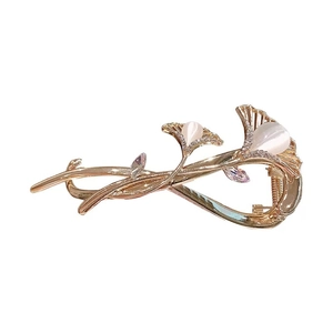Eleganter goldener Ginkgo-Haarclip mit weißem Opal und Kristall-Verzierungen