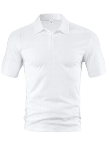 Macro shot of white short sleeve polo shirt showing vertical pleated texture and M size label