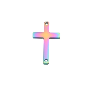 Detail of mirror polished rainbow stainless steel cross pendant with double holes