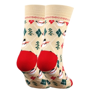 Close-up of ribbed cuffs and festive snowman patterns on Christmas crew socks